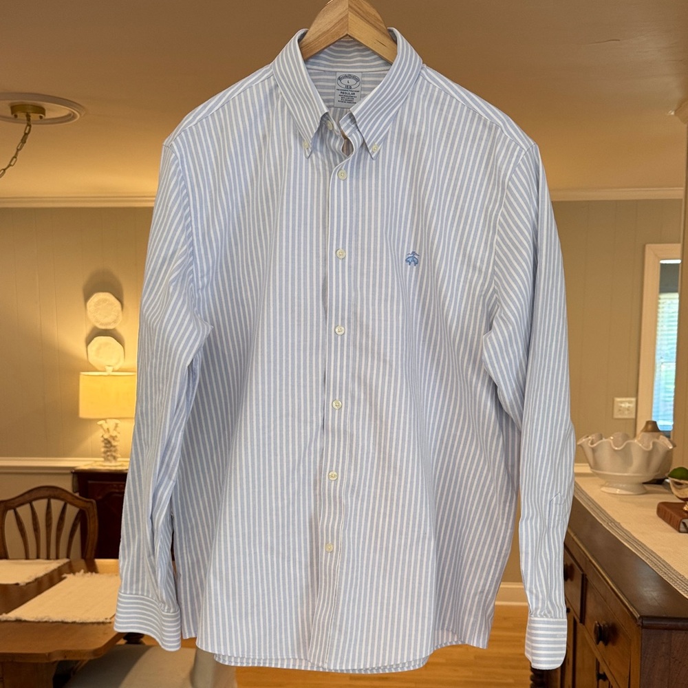 BROOKS BROTHERS Men’s Light Blue White Striped Oxford Dress Shirt Cotton LARGE